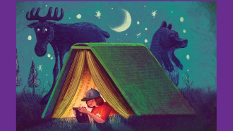 Image of summer reading artwork includes a tent, moose, bear, and a child reading in the tent.