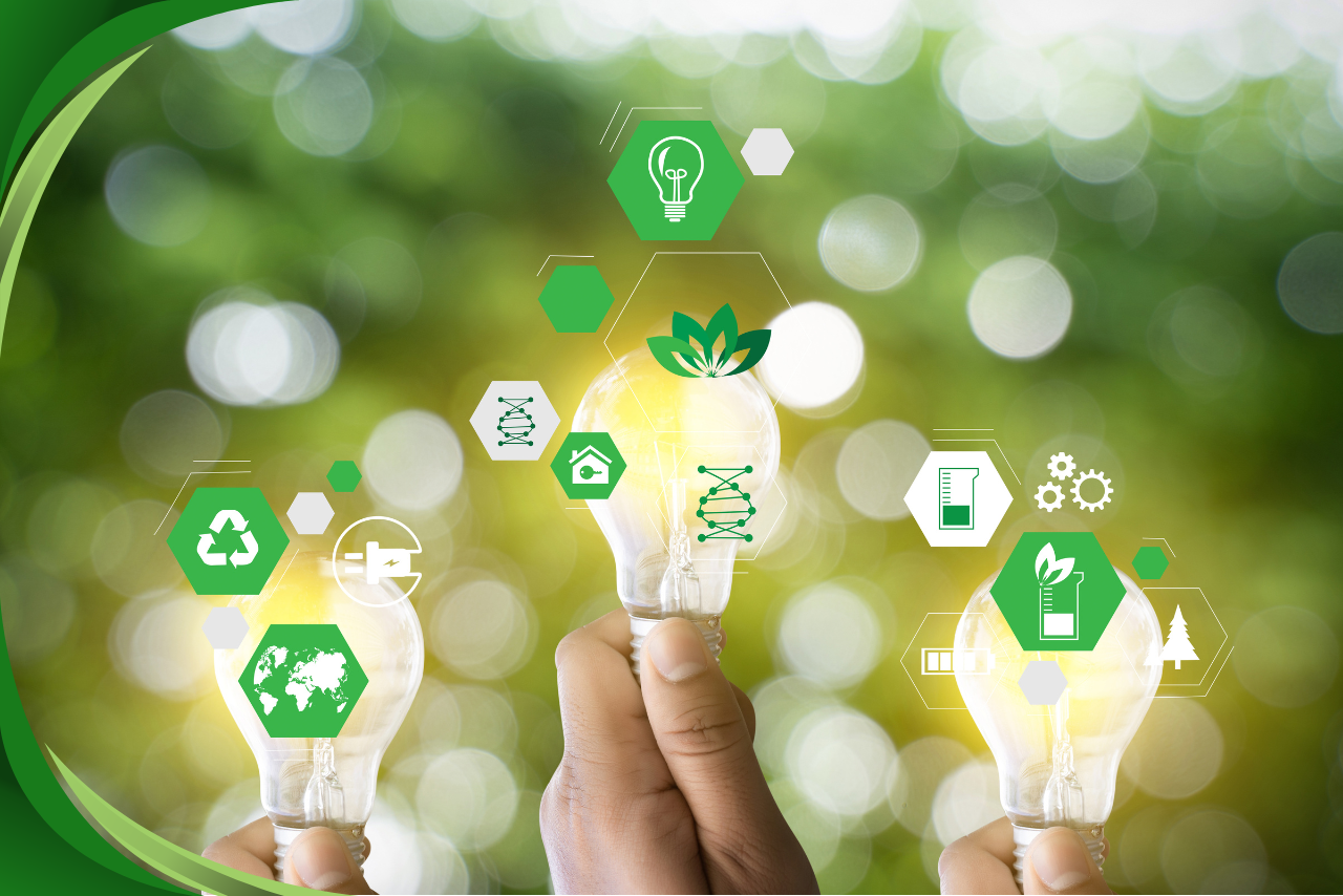 Three hands holding light bulbs on a blurry background. Each light bulb has several icons over it like a home, earth, recycling symbol, and trees.