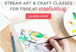 text reads stream art & craft classes for free at Creativebug. Image includes right hand painting a bird with watercolor. 