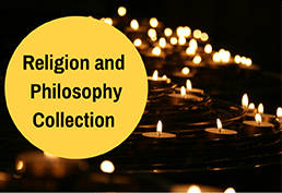 Tea light candles arranged in circle patterns in a tower, two rows deep. A circle of yellow contains the black text Religion and Philosophy Collection.