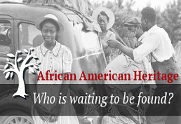 African American Heritage logo in front of b/w vintage photo of family near car.