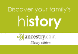 Discover your family history in white text on lime green background with Ancestry logo.