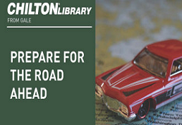 Chilton Library logo with words Prepare for the road ahead next to a classic red car
