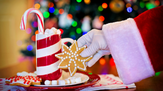 Santa's gloved hand reaches in to grab a snowflake cookie from a plate. A cup of cocoa with marshmallows and a candy cane are on the table with a Christmas tree in the background.