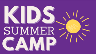 Purple background with text reading Kids Summer Camp. Next to the text is a yellow sun. 