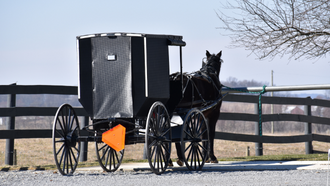 An Amish buggy with a horse tied to a hitching post near a fence in the country. 