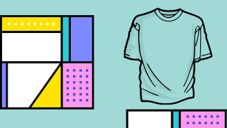 Icon of a t-shirt in teal with '90s style block graphics to the left and below the shirt. 