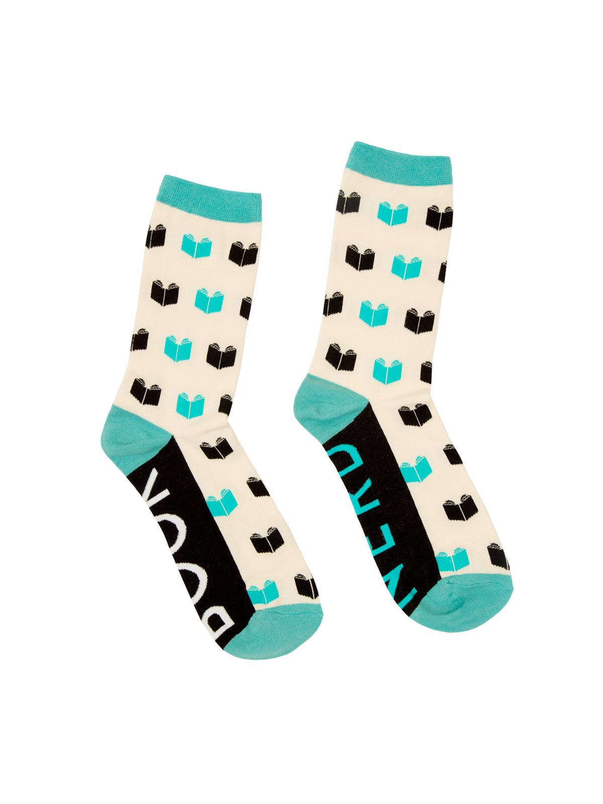 black and teal socks that say book nerd on the sole and have a book pattern design.
