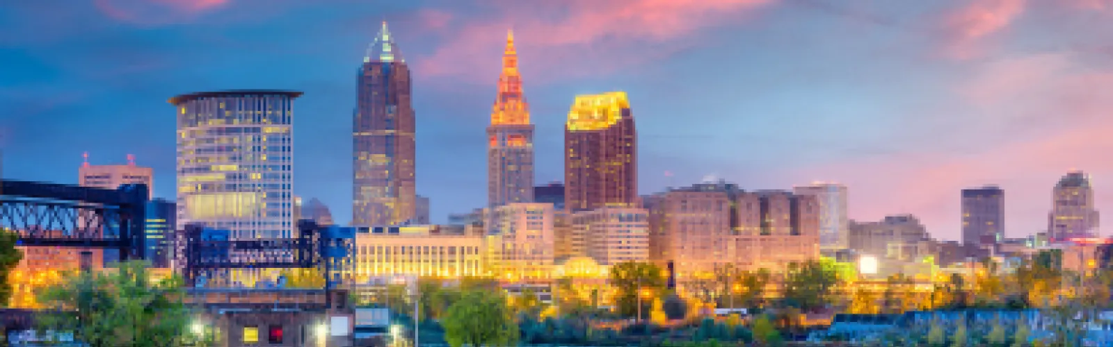 Cleveland skyline photo taken at sunset. 